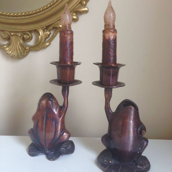 VTG Metal Frog Candlestick Holder Set and battery Grubby