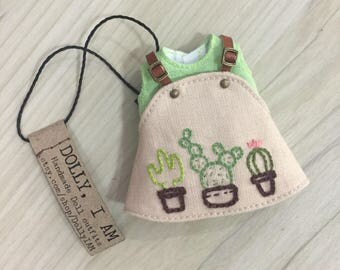 Hand embroidery Cactus overall for BJD Dolls Lati Yellow/PukiFee bjd | Gardener Series Bib