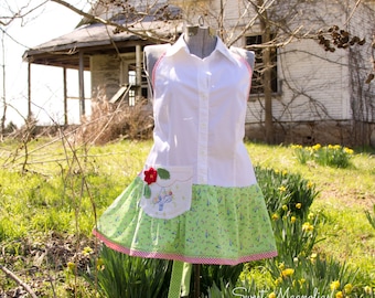 Farmhouse Shirt Apron Vintage linen, cotton, - Ladies full apron - Spring Tea Party and Gardening