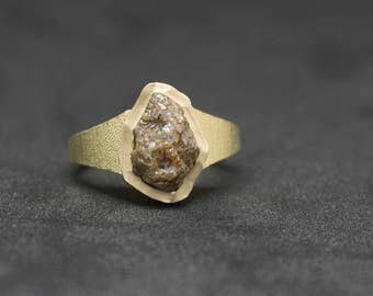 14K, Yellow, Gold, ring, with, 2.90, carats, raw, natural, rough, diamond, elegant, perfection, imperfection, nature, 585