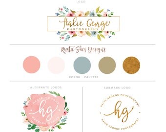 Floral Branding kit, Floral logo, Watermark, Photography logo, Calligraphy logo, gold, Custom logo, Premade logo, Camera Logo, boutique logo