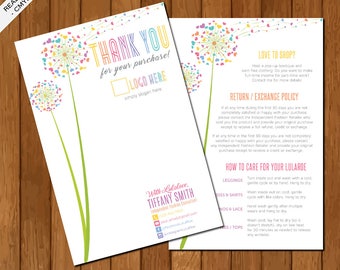 LLR Thank You Card, Care Card, Care Instructions, Happiness Policy, Home Office Approved, Dandelion, Fashion Consultant Retailer 01