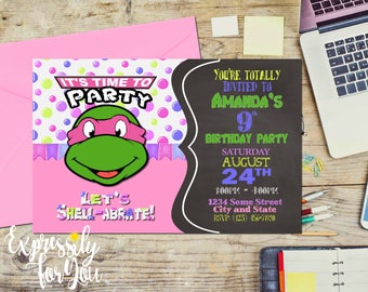 Teenage Mutant Ninja Turtles Birthday Invitation, Ninja Turtle Birthday Invitation, Ninja Turtle Invite, Girl Ninja Turtle, Pink TMNT