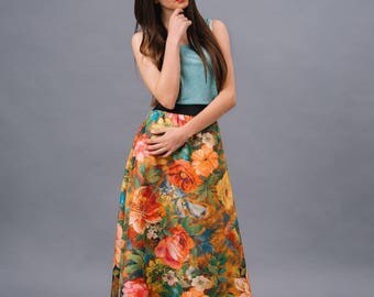 Floral Long Skirt. High Waist Skirt. Womens Elastic Waist Skirt. Long skirt for women.