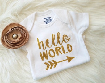 Gold Hello World Onesie, Glitter Onesie, Hello World, Gold Glitter Girl Onesie, Arrow Onesie,