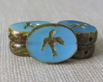 Aqua Opal Swallow Czech Glass Bead 16x12mm Oval : 6 pc Blue Swallow Picasso Bead