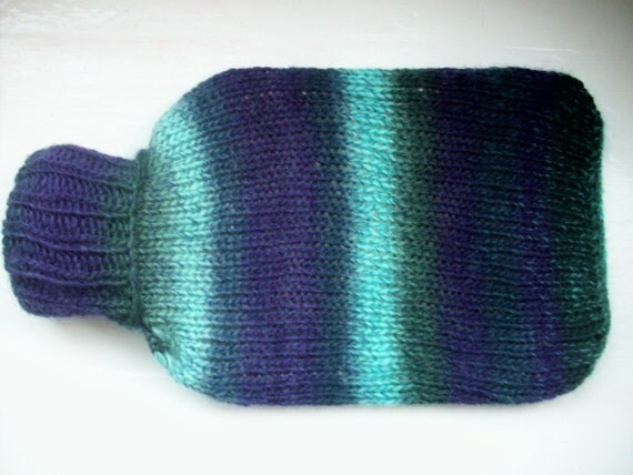 Hot water bottle and hand knitted cozy, hottie cover, large, wool, soft warm, blue purple grey multi