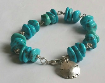 Arizona Sleeping beauty turquoise nuggets and Fine Silver Sand dollar charm bracelet