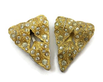 Art Deco Dress Clip Set - Gold Tone Leaves Pair Clear Paste Rhinestone Bridal