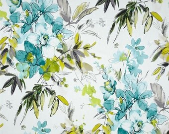 Teal Grey Curtains, Pretty Summer Decor, Aqua/Teal Floral Drapes, Abstract Watercolor Window Curtains, Rod-Pocket 50"W, One Pair