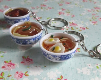 Noodle Bowl Keychain, Ramen Noodle, Chicken Leg, Fried Egg, Abalone, Miniature Food Key Chain