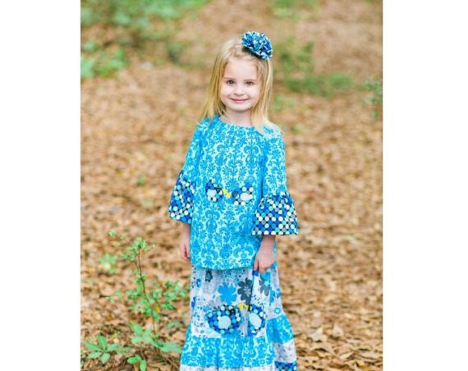 Boutique Little Girl Outfit - Ruffle Maxi Dress - Little Girl Blue Dresses - Toddler - Long Skirt - Peasant Top - Long Sleeves - 2T to 8 yrs