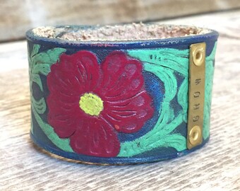 Items similar to Leather Bracelets hand tooled cuff on Etsy