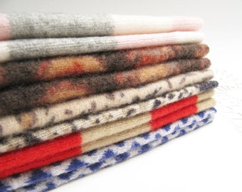 Cashmere Wool Felt Squares Fabric Bundle Felted Cashmere Wool Sweater Fabric Destash Cashmere in Several Patterns - 10 - 6" x 8" Pieces 77