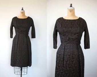 vintage 1950s dress / 50s black brown leslie fay dress / 50s floral brocade dress / 50s wiggle dress / 50s party dress / medium