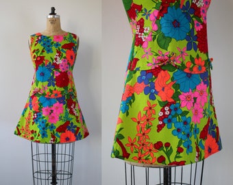 vintage 1960s dress / 60s hawaiian dress / 60s neon floral print dress / 60s drop waist dress / 60s cotton dress / mini dress / S M