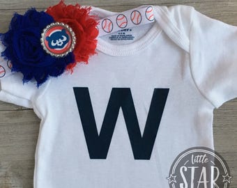 Chicago Cubs Baby Gift - Fly the W Tee - Chicago Cubs Onesie and Bow Set -Cubs Kids Gift - Cubs W Onesie - Cubs Hair Bow - Cubs Kids