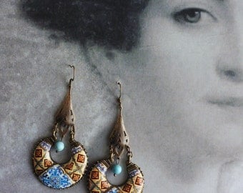 Portugal Antique Azulejo Tile Replica Chandelier Earrings 1891, ORANGE and Blue Ovar Murtosa and Espinho (see actual Facade) Bohemain Boho