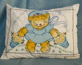 Hand Embroidered Cotton Kitten Throw Pillow