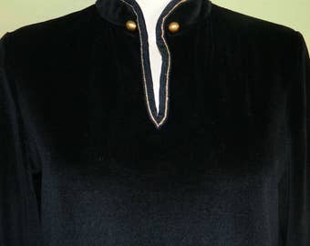 M 60s 70s Black Velvet Dress Gold Trim Mod Dress Butte Knit Nehru Beatle Dress