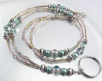ID Lanyard, Badge Necklace - Antique Rose, Sparkly Rainbow Crystal Glass and Sage Pearl ID Lanyard/Badge Holder, Credential Necklace
