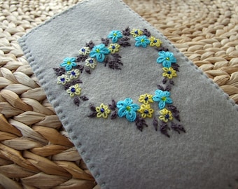 Hand Embroidered Grey Felt Glasses Case