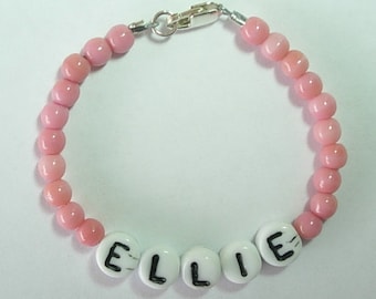 Custom Personalized Baby Name Bracelet Retro Style Hospital Nursery Czech Glass Alphabet & Pressed Glass Pink 4mm Beads Sterling Clasp