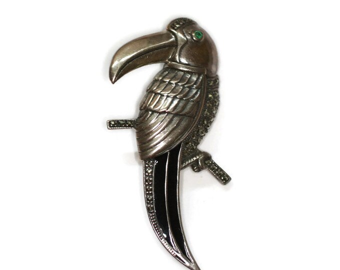 Sterling Toucan Bird Brooch Marcasites Black Enamel Signed Vintage