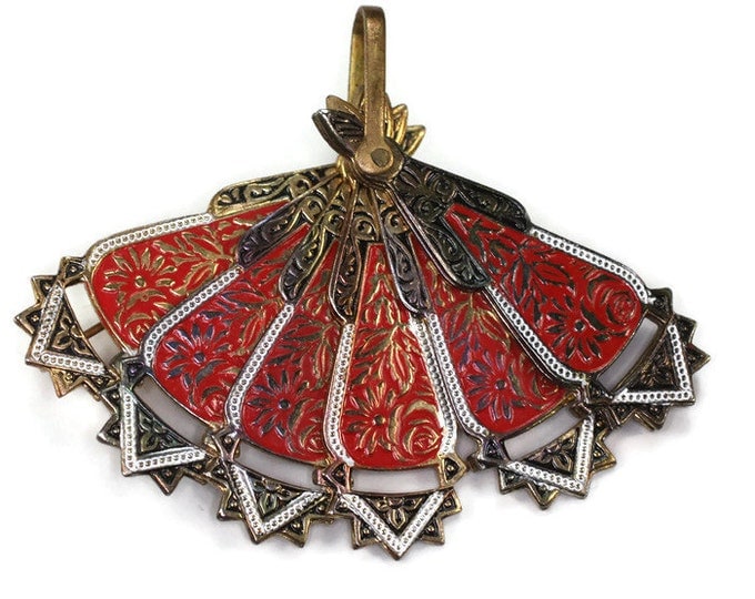 Red Enameled Damascene Style Fan Brooch Spain Vintage