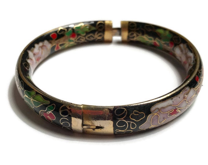 Asian Floral Cloisonne Bangle Bracelet Hinged Vintage