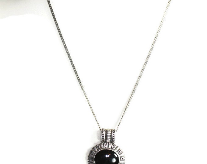 Sterling and Black Onyx Cabochon Pendant Necklace Vintage