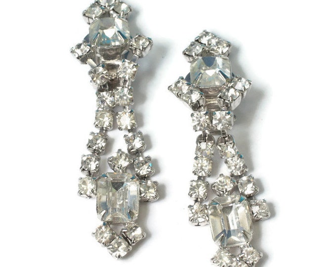 Clear Rhinestone Dangle Wedding Earrings Clip Prom Pageant Special Occasion