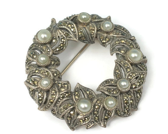 Judith Jack Brooch Marcasite Faux Pearl Sterling Wreath Circle Pin Vintage