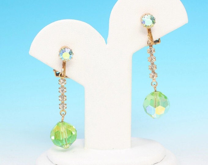 Green AB Crystal Dangle Earrings Clip Style Vintage