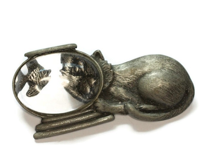 Cat with Fishbowl Brooch Pewter Tone JJ Signed Vintage