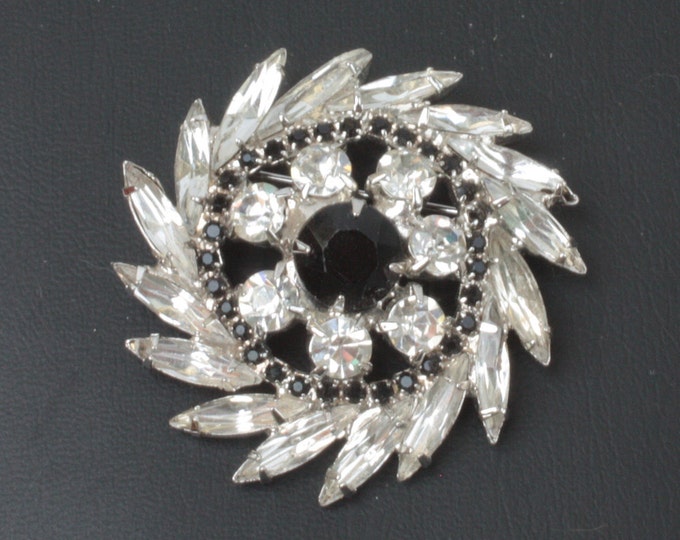 Rhinestone Pinwheel Brooch Clear and Black Stones Vintage