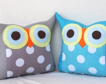 Holiday sale TWO owl pillows/ grey/ Aqua /dots /decoration/collection - Ready to ship