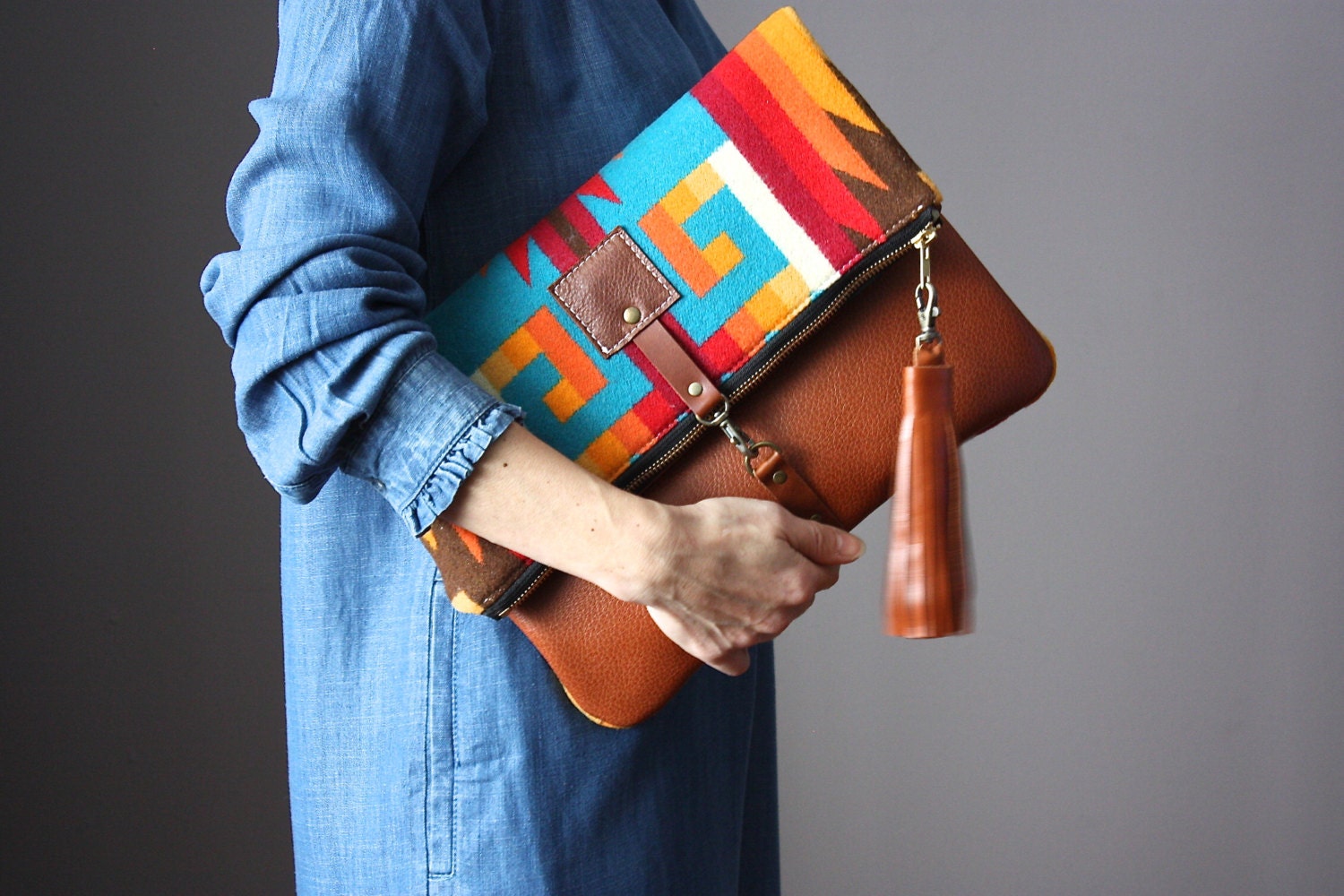 Native American Leather crossbody bag fold over clutch fold