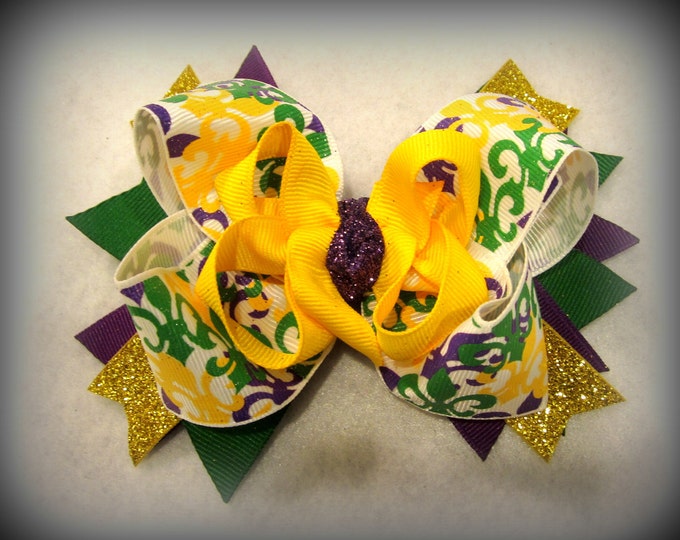 Mardi Gras Bows, Mardi Gras hairbow, Mardi Gras Boutique Bows, Stacked Hair Bow, 5 inch bows, Girls hairbows, Baby Headband, New Orleans