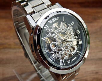 Classy Steampunk Mechanical Wrist Watch with Stainless Steel Wristband - Men - Groom - Groomsmen - Watch - Item MWA501