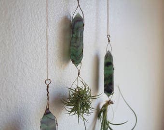 Hanging Planter, Crystal Air Plant Display, Wire Wrapped Fluorite Air Planter, Deep Purple And Green, Mystical And Spiritual Gift Idea