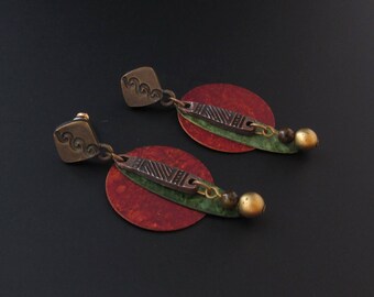 Reserved for Anda-- Boho Earrings, Red Earrings, Green Earrings, Layered Earrings, Tribal Earrings