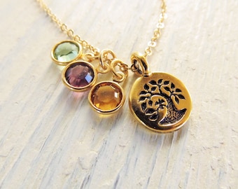 Mom Necklace Birthstone, Gold Family Tree Necklace, Birthstone Jewelry for Mom Gift, Personalized Grandma Necklace, Mothers Day Jewelry Gift
