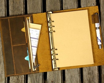 Personalized A5 Leather notebook planner / Refillable refill journal travel notebook wallets / Leather Ring Binder Portfolio cover NBA505B