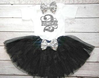 Black and silver Second birthday outfit Elegant Second birthday outfit Classy 2nd birthday shirt Black Tutu 2nd birthday shirt girls Toddler