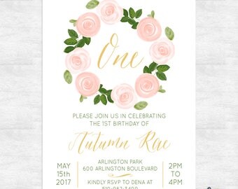 Floral First birthday invitations / 1st birthday girl invitations / birthday invite with photo / printable invitations / printed invites