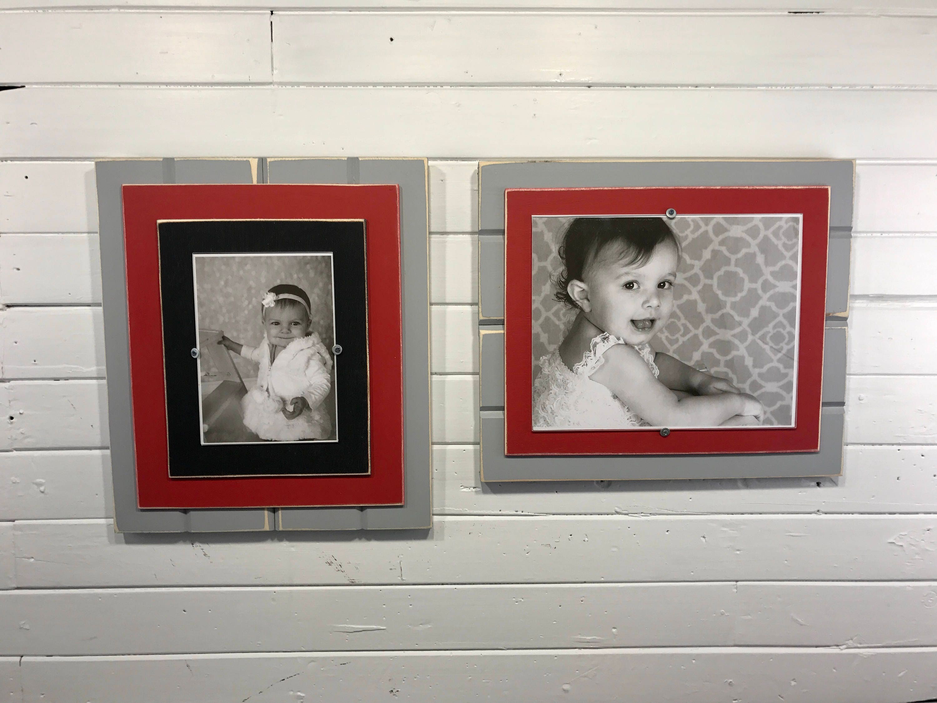 Grey and red picture frame holds 5x7 or