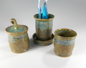 Pottery toothbrush holder set with tumbler, ceramic bathroom set, stoneware tumbler, toothbrush holder with drainage holes, jar with lid