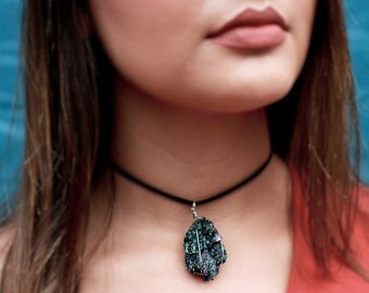 Meteorite Jewelry - Statement Choker - Galaxy Choker Necklace - Meteorite Necklace - Wire Wrapped Pendant - Rainbow Quartz Lava Stone Cord