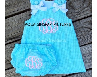 Baby girl monogram dress and bloomers, Easter dress, infant monogram dress and bloomers, girl's gingham seersucker dress, ruffle bloomers